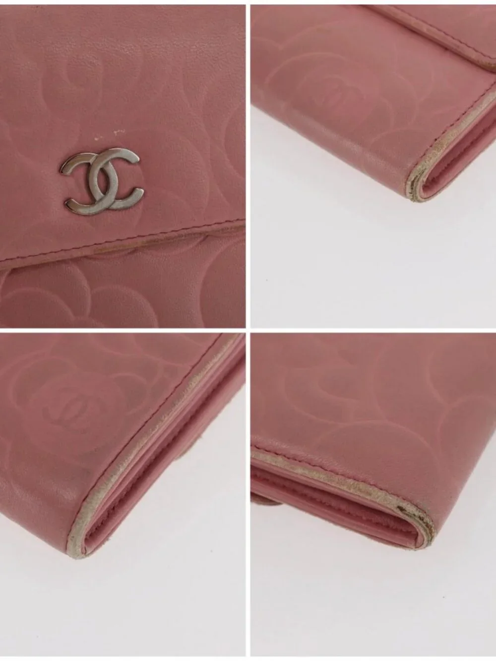 CHANEL Camelia Long Wallet Lamb Skin Pink CC Auth YKZ410